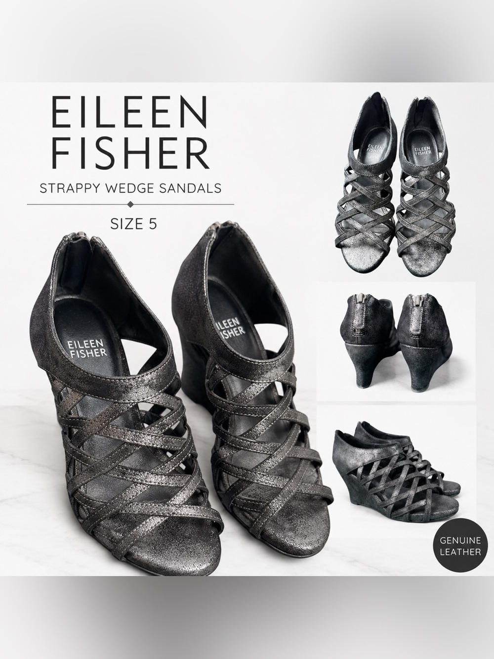 Eileen Fisher Metallic Pewter Strappy Wedge Sandals Size 5 Leather